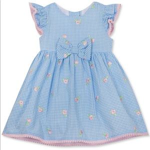 Embroidered Seersucker Dress with Pompom Trim